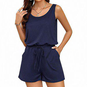 Women's Summer Sleeveless Blue Polyester‎ Baggy Rompers with Pockets Large Size